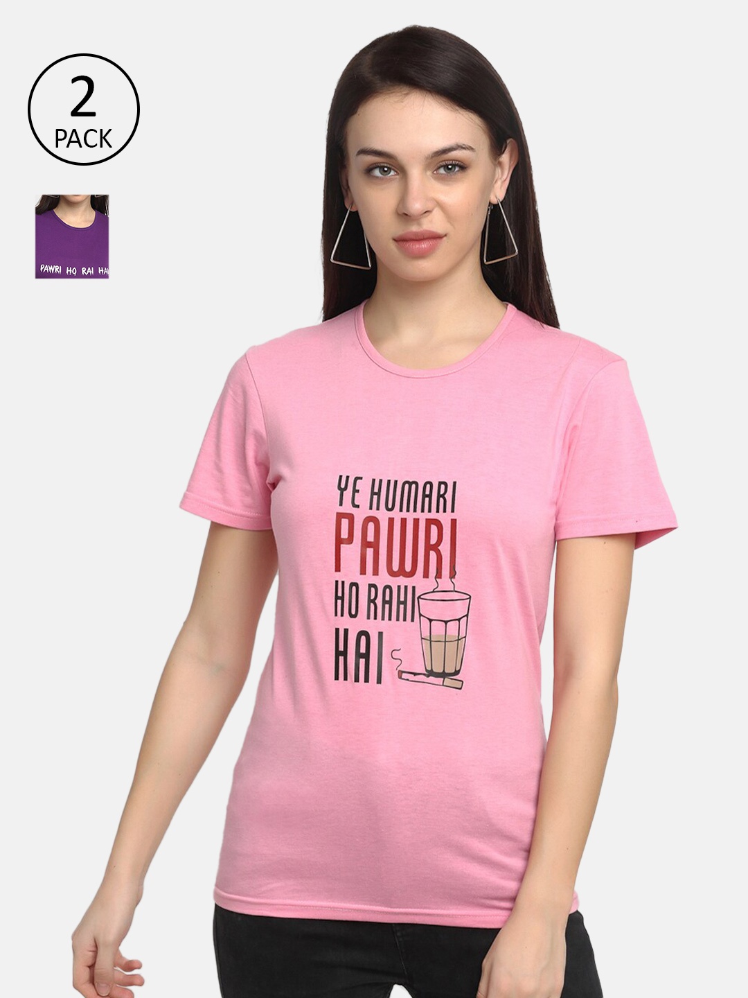 VIMAL JONNEY Women Pack Of 2 Typography Printed T-shirts, Purple