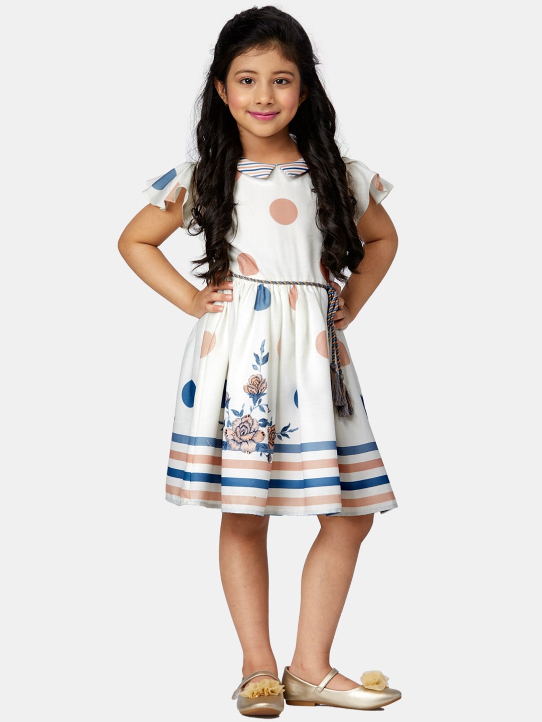 Peppermint Girls White & Blue Printed Fit & Flare Dress