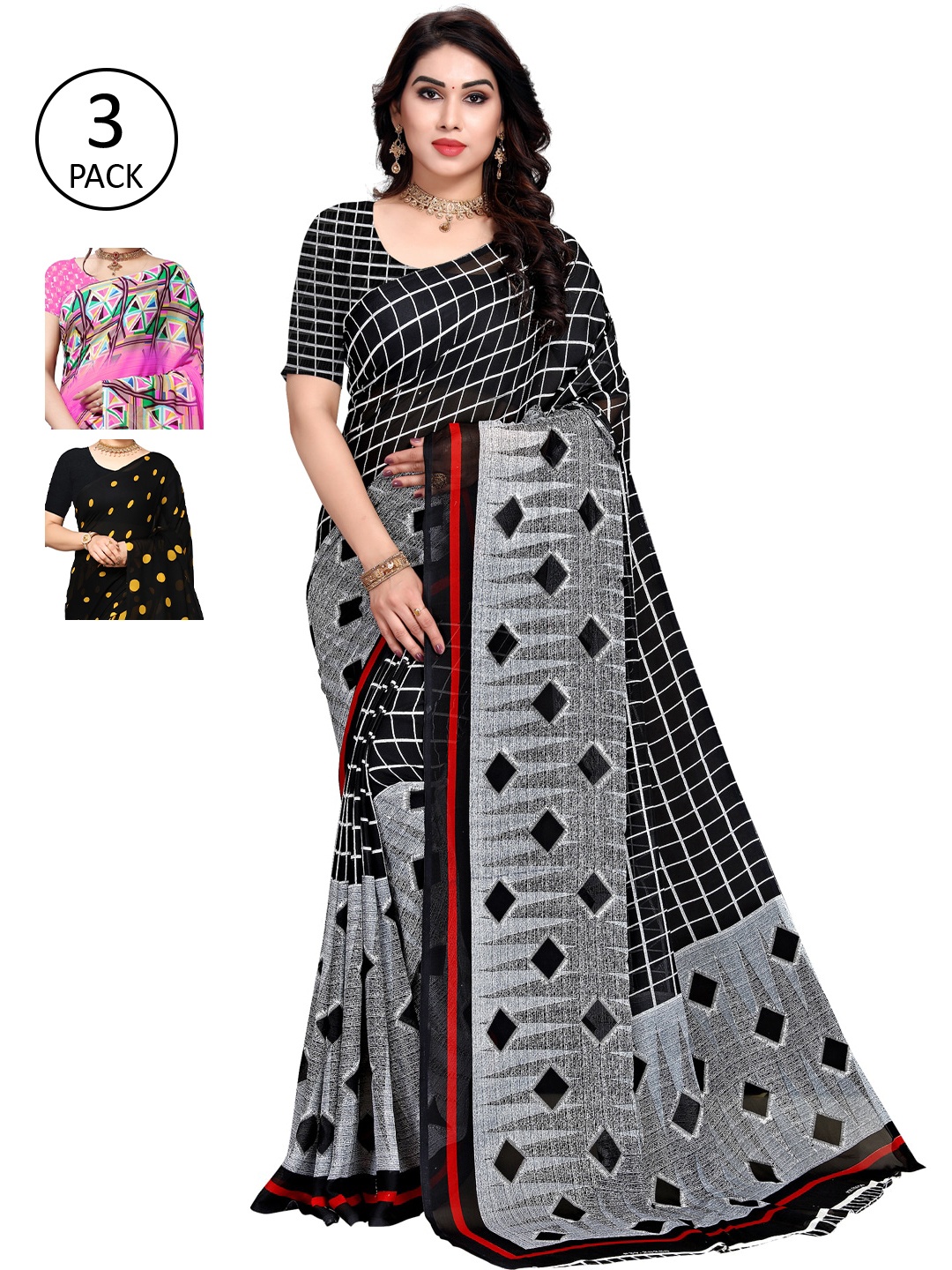 KALINI Pack of 2 Printed Sarees, Pink