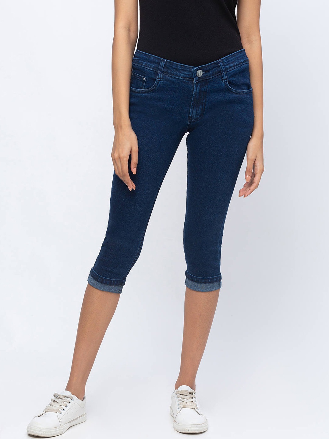 ZOLA Women Navy Blue Pencil Slim Fit Cotton Lightweight Denim Capris