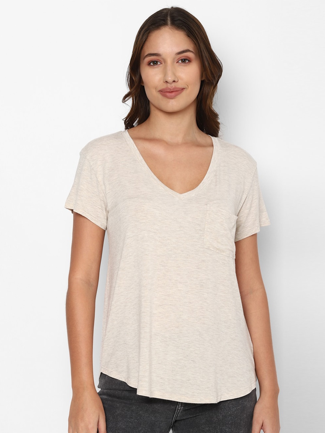 AMERICAN EAGLE OUTFITTERS Women Cream-Coloured V-Neck T-shirt