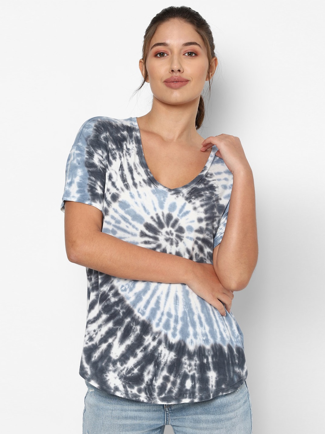 AMERICAN EAGLE OUTFITTERS Women Blue & White Tie and Dye Dyed T-shirt