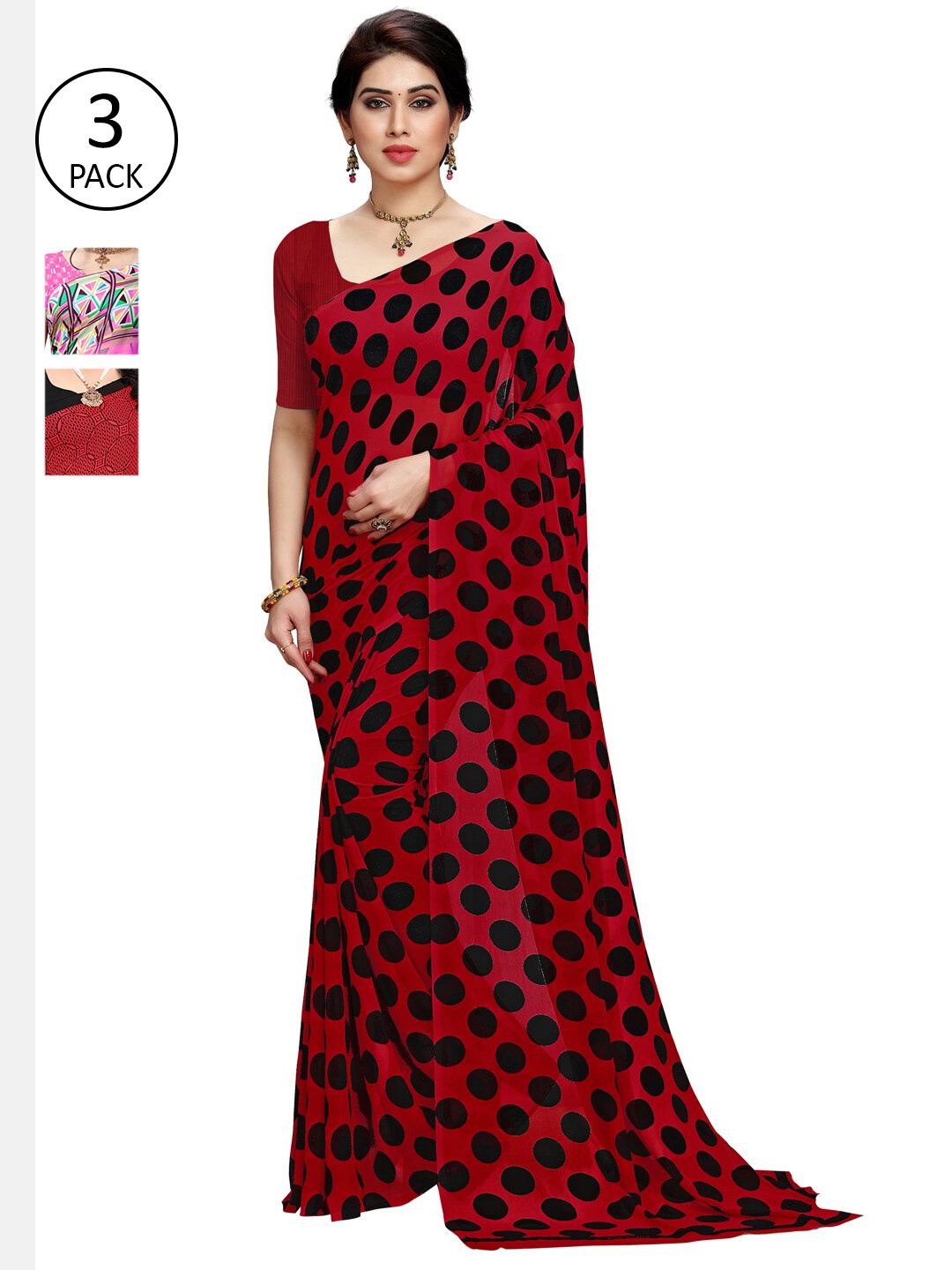 KALINI Red & Black Pack of 3 Printed Sarees