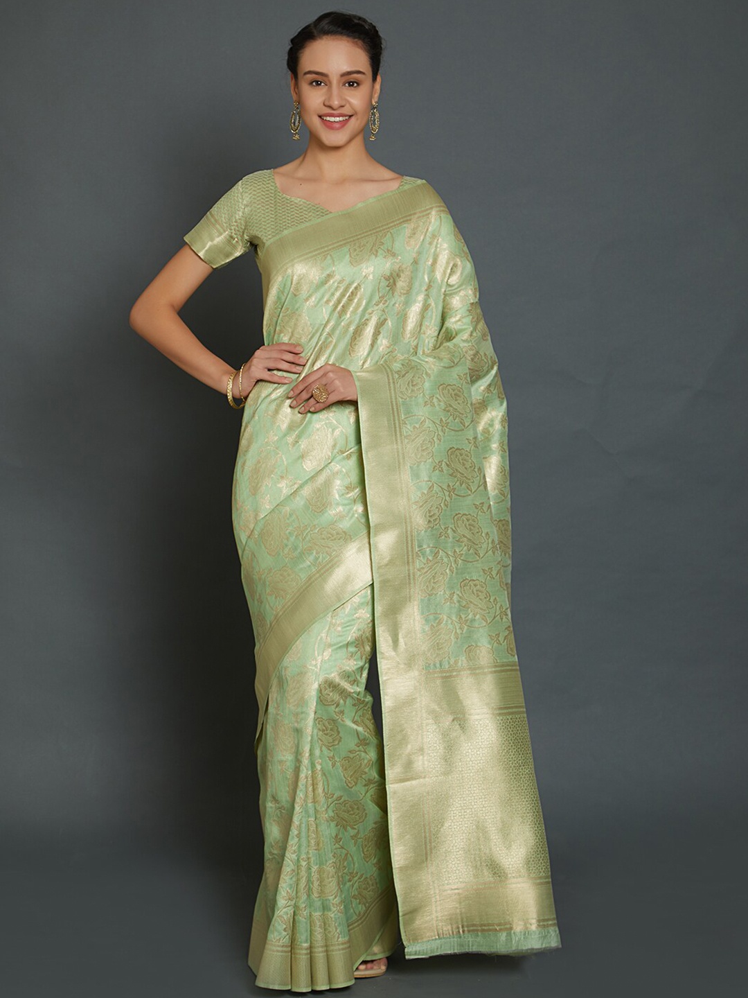 Mitera Green & Gold-Toned Floral Zari Silk Blend Banarasi Saree