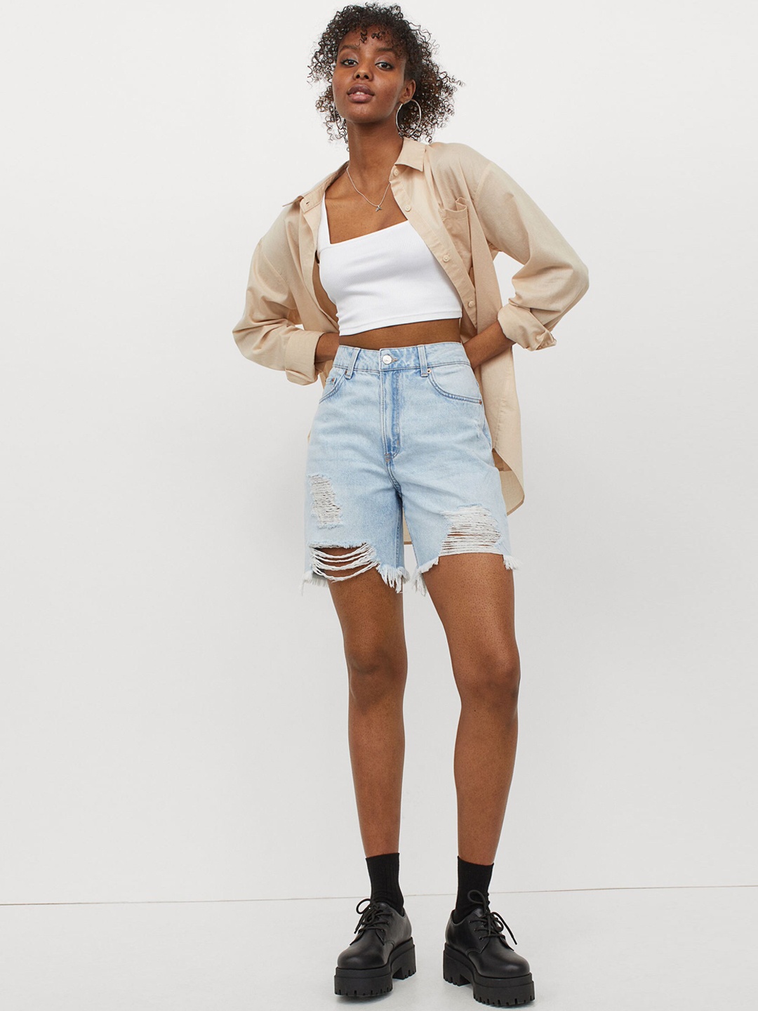 H&M Women Blue Solid High Waist Bermuda Shorts