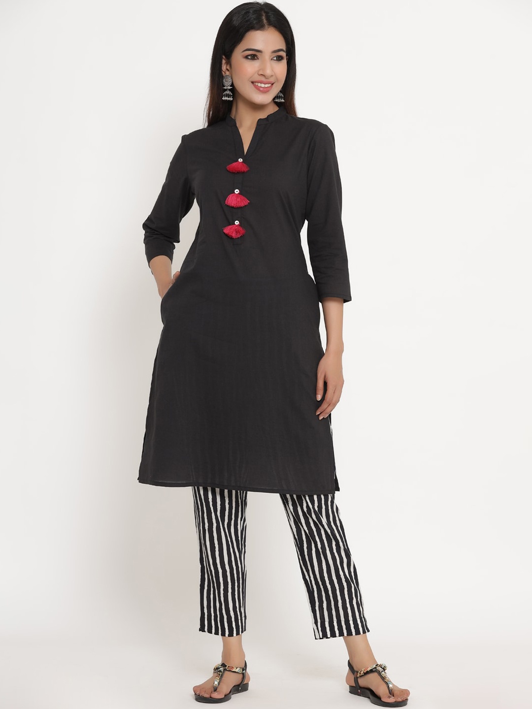 Sangria Women Black Pure Cotton Kurta with Trousers