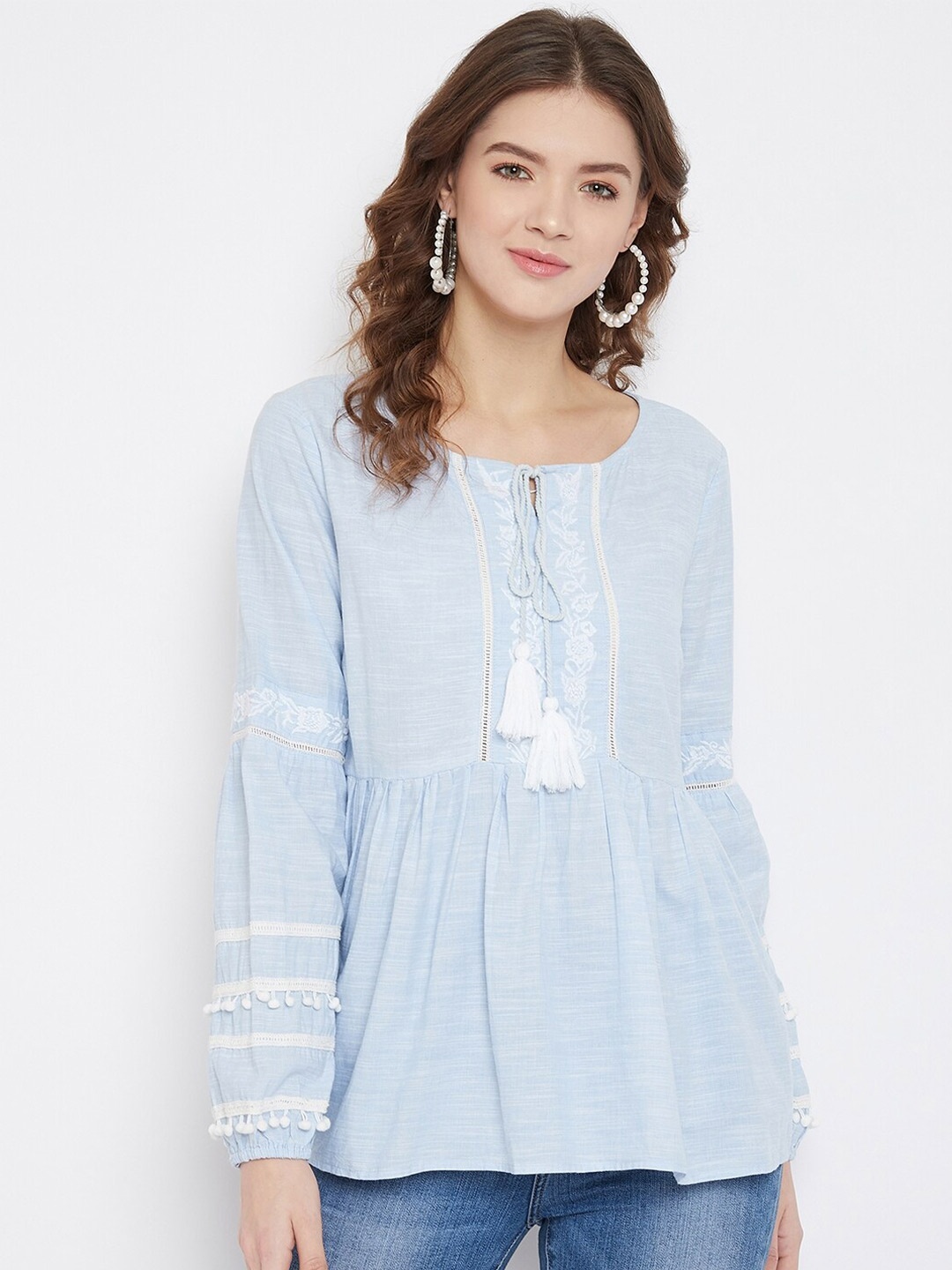 Madame Blue Embroidered Tie-Up Neck A-Line Top