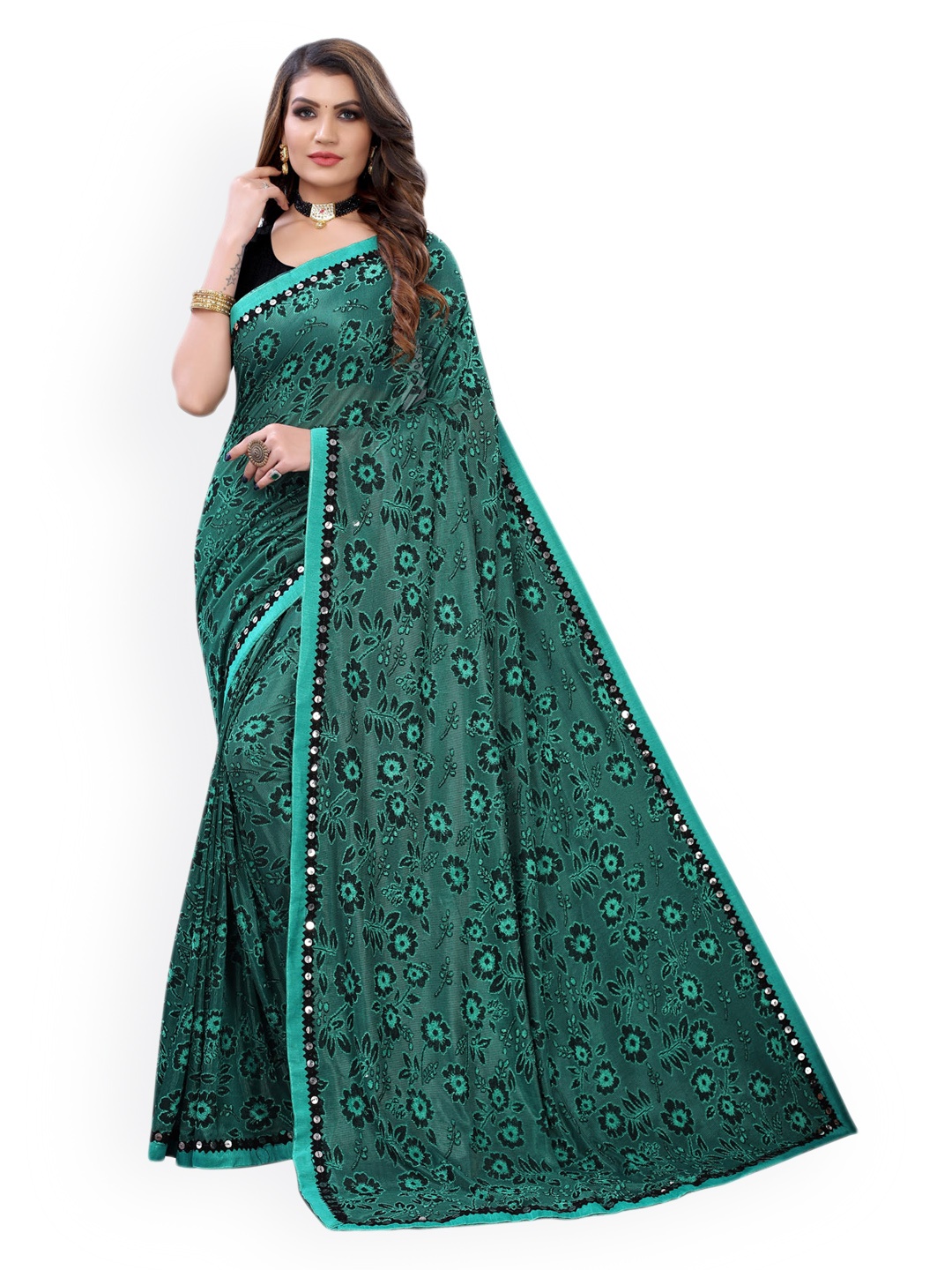 KALINI Green Floral Sequinned Silk Blend Heavy Work Saree