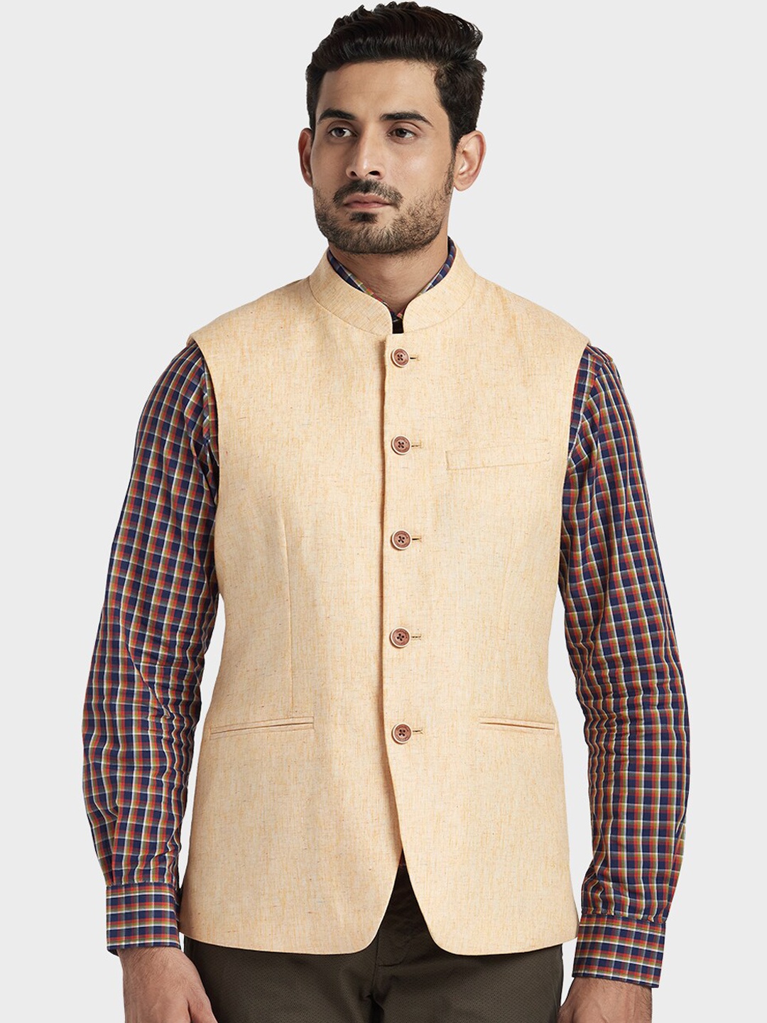ColorPlus Men Orange Custom Fit Solid Nehru Jacket, Beige