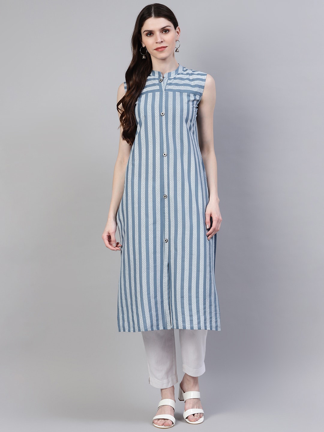 Stylum Women Grey & White Striped Thread Work Mandarin Collar Pure Cotton Kurta
Stylum Women Grey & White Striped Thread Work Mandarin Collar Pure Cotton Kurta