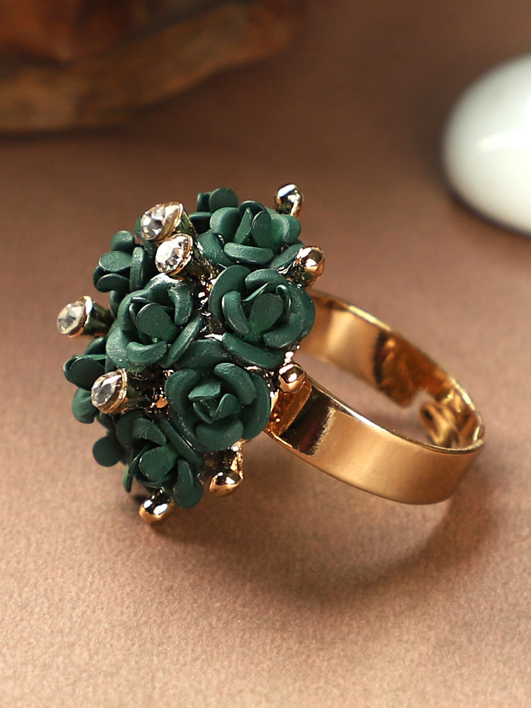 ANIKAS CREATION Gold-Plated Green & White Stone-Studded Floral Adjustable Finger Ring