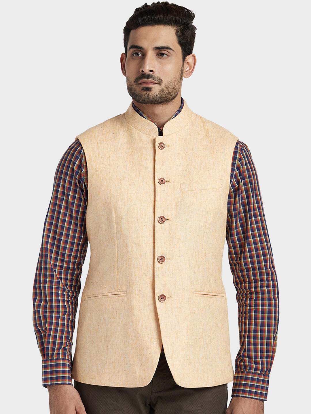ColorPlus Men Yellow Woven-Design Nehru Jacket