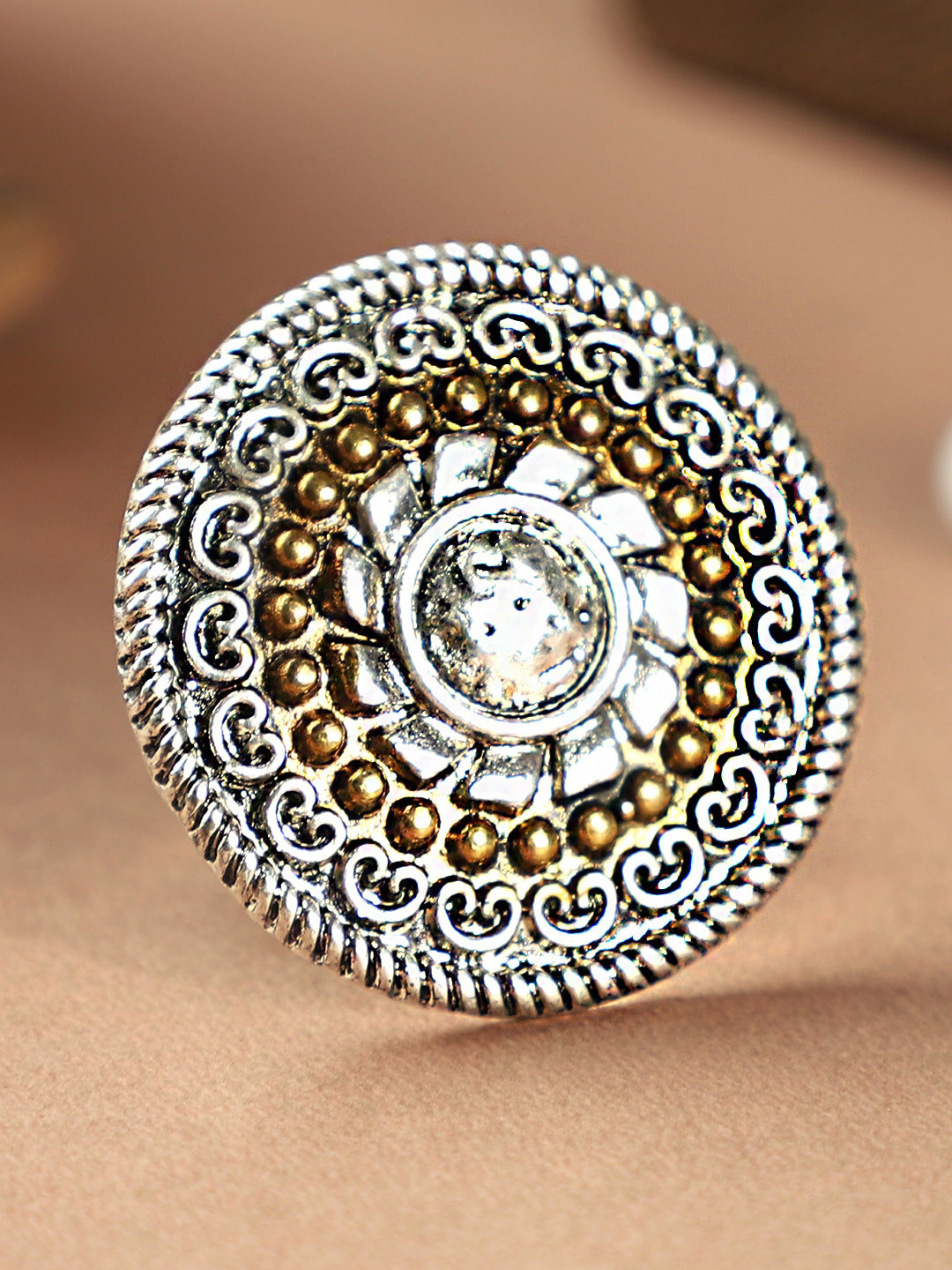 ANIKAS CREATION Silver-Plated Copper-Toned Round Shape Floral Adjustable Handcrafted Finger Ring
ANIKAS CREATION Silver-Plated Copper-Toned Round Shape Floral Adjustable Handcrafted Finger Ring