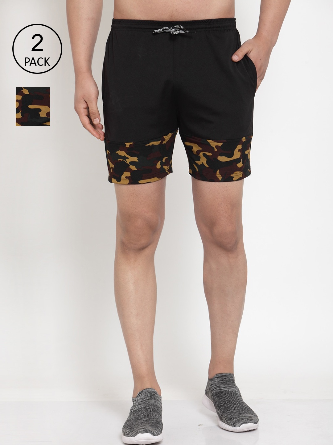 KLOTTHE Men Set of 2 Black Camouflage Printed Mid-Rise Regular Shorts