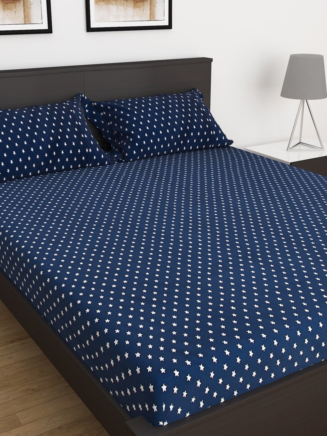 Home Centre Navy Blue & White Geometric 150 TC King Bedsheet with 2 Pillow Covers