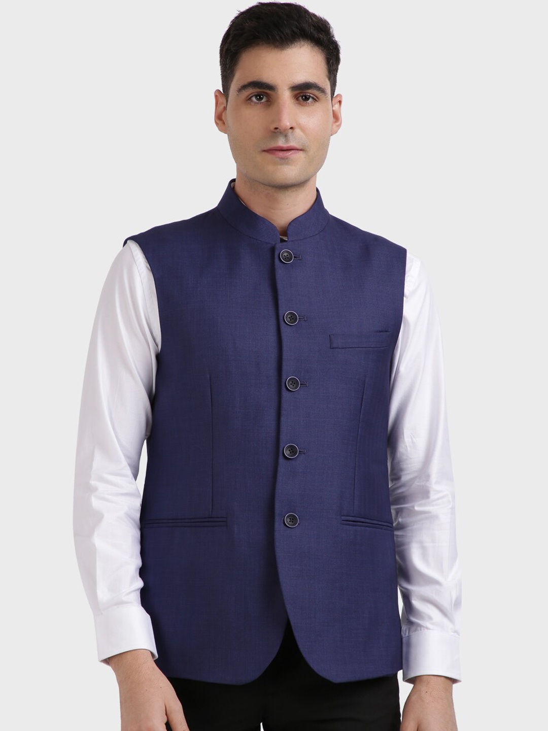 ColorPlus Men Blue Checked Woven Nehru Jacket