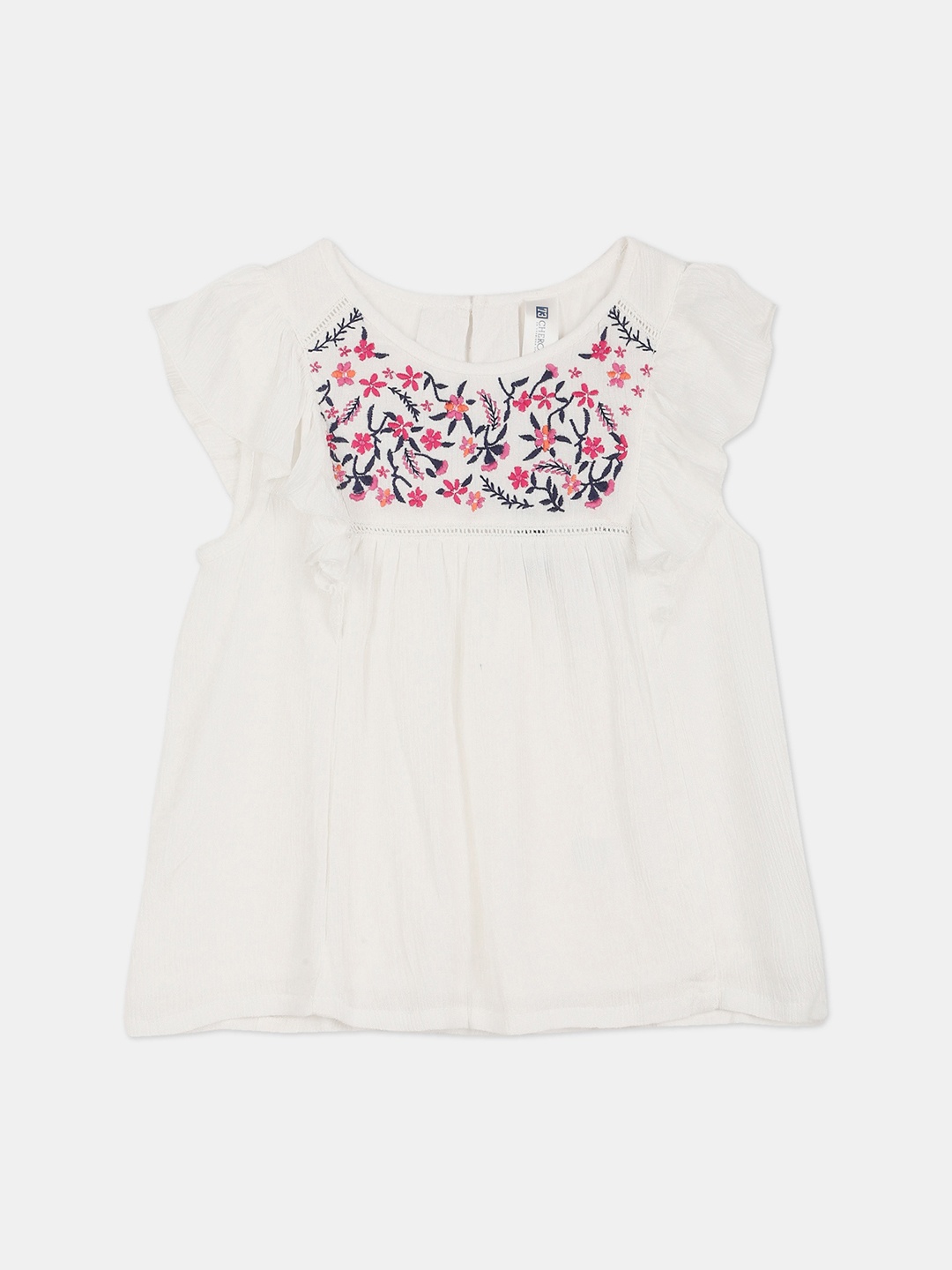 Cherokee Girls Off White Embroidered Flutter Sleeve A-Line Top