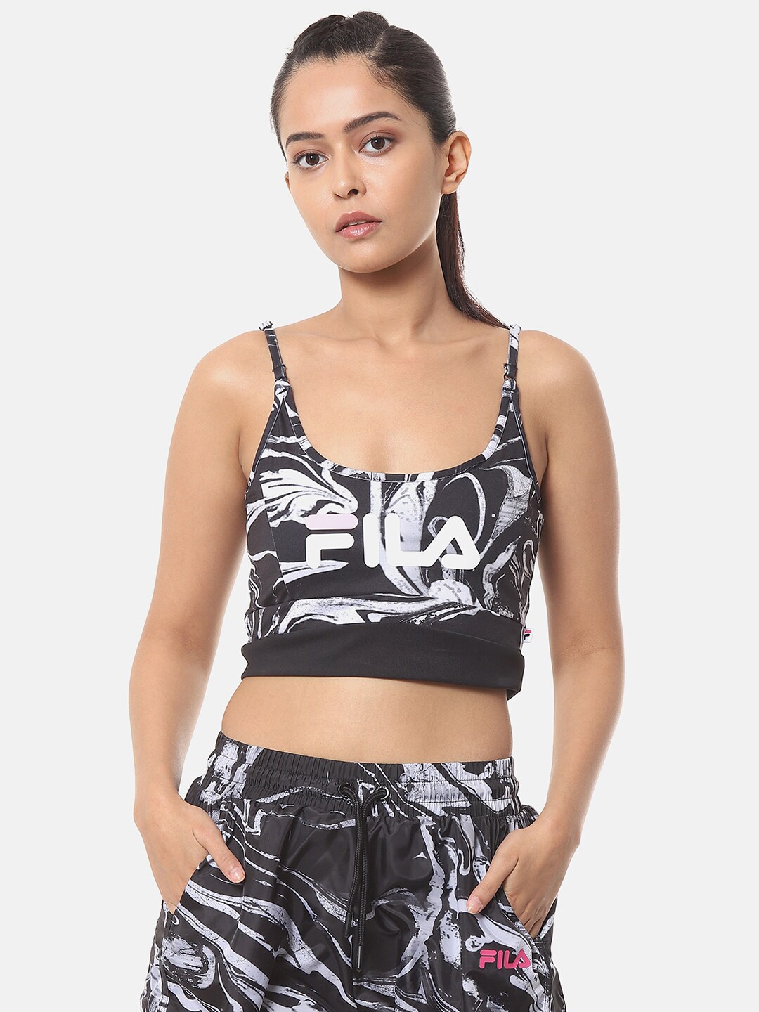 FILA Black & White Abstract Workout Bra Full Coverage