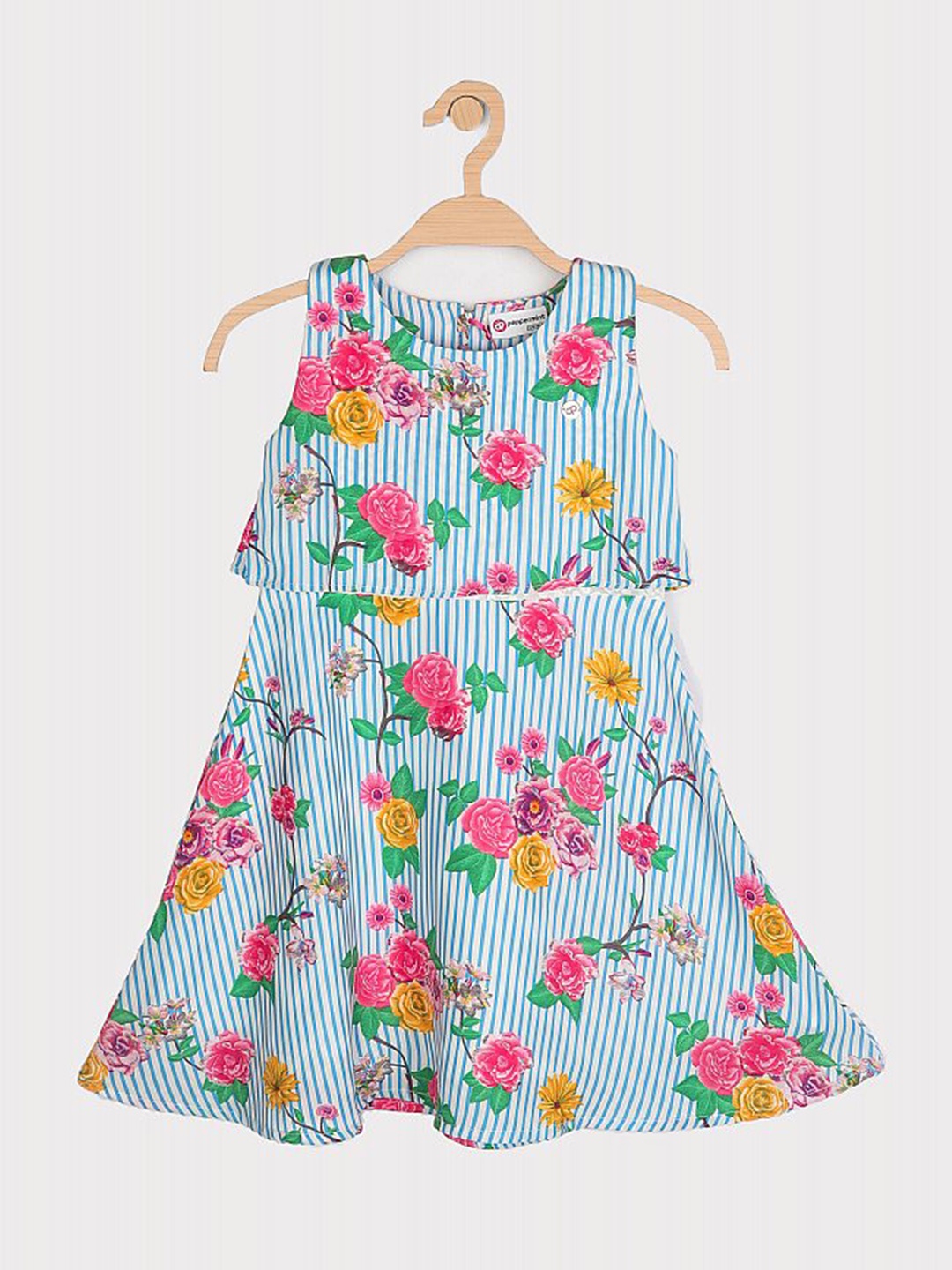 Peppermint Girls Blue Striped & Floral Printed A-Line Dress