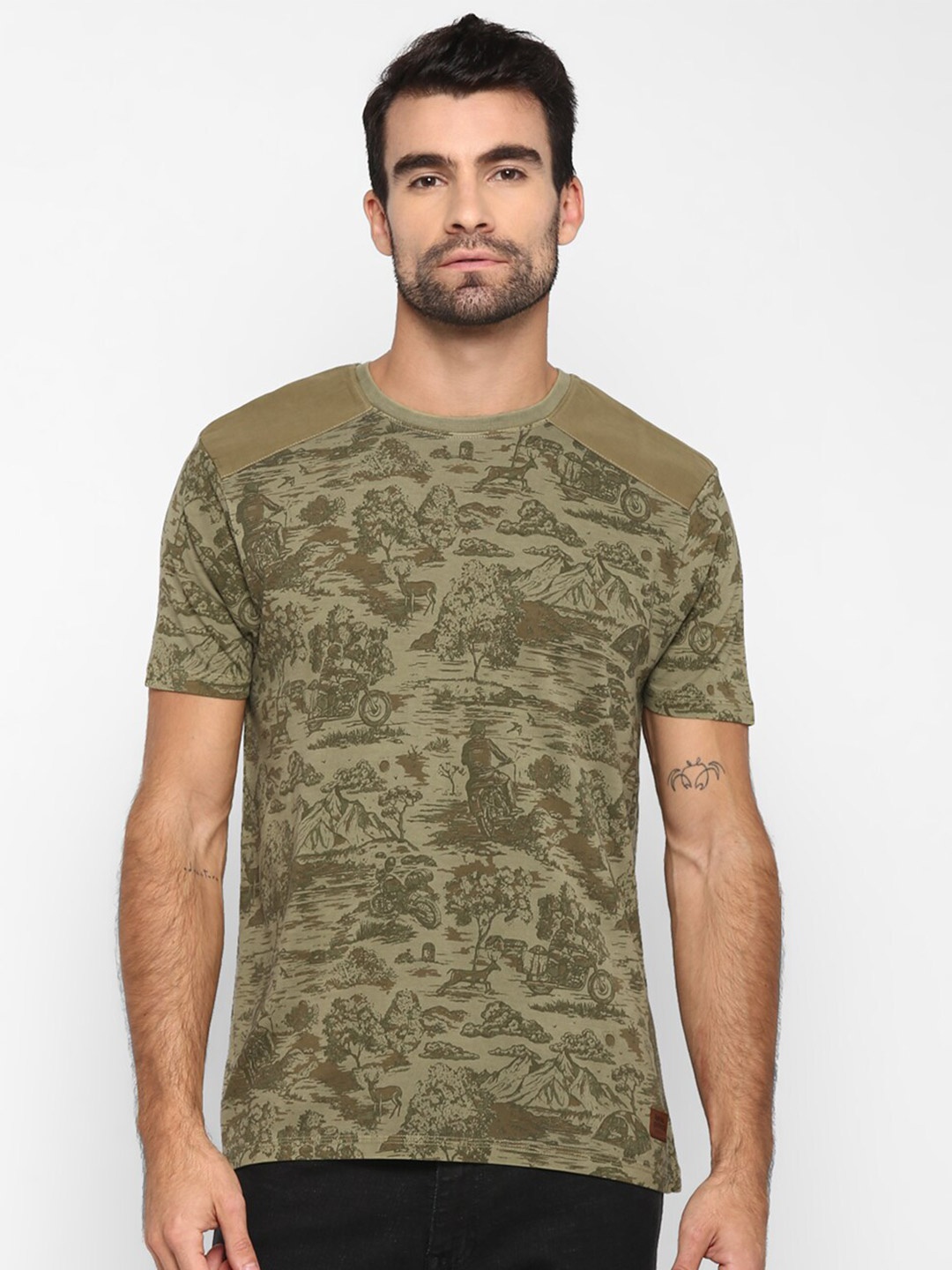 Royal Enfield Men Olive Camouflage Printed Casual T-shirt