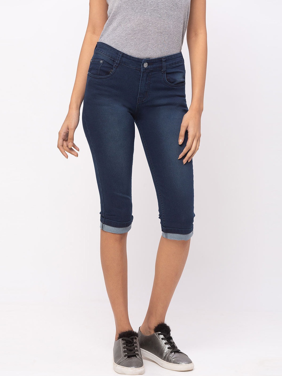 ZOLA Women Mid Rise Knee Length Capri, Blue