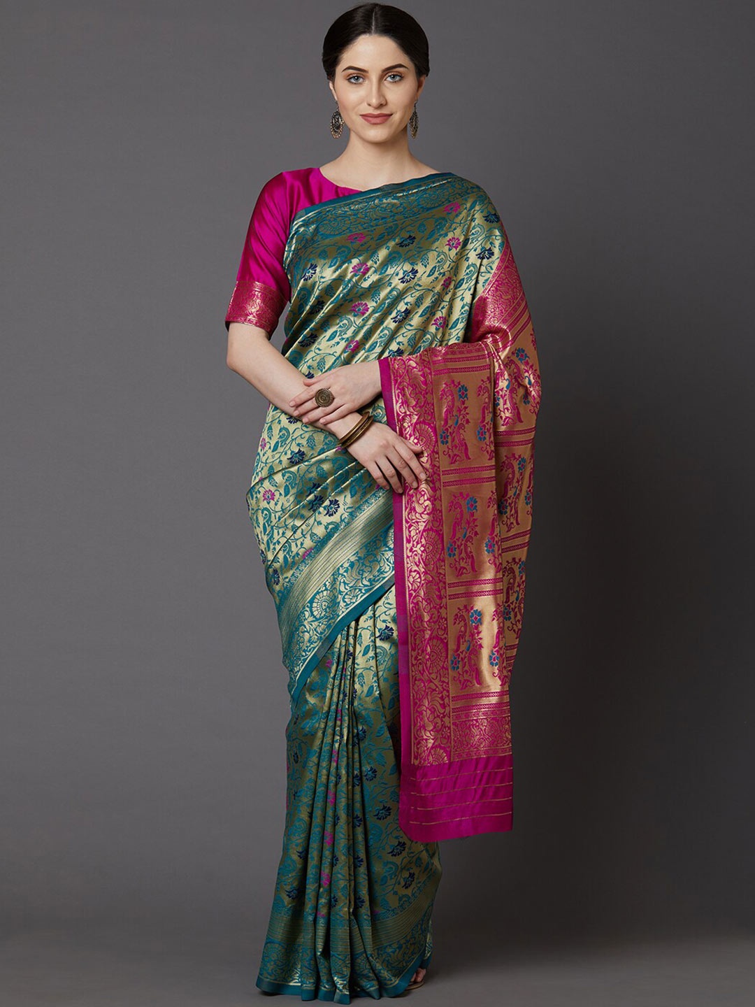 Mitera Green & Pink Woven Design Gotta Patti Silk Blend Saree