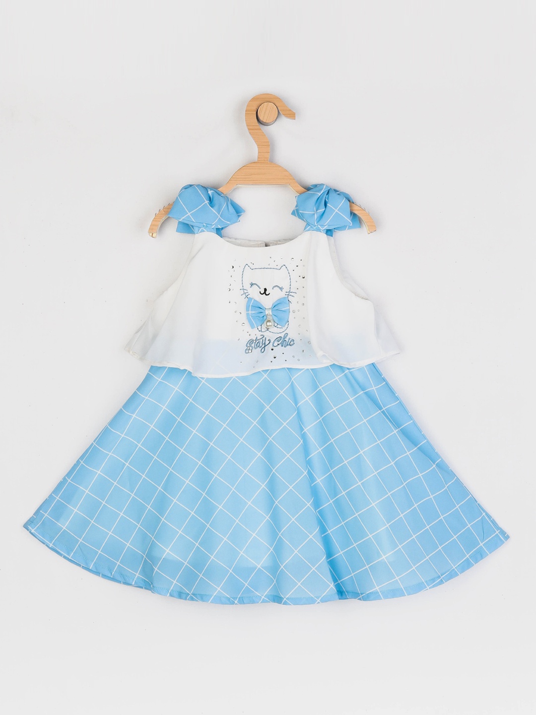 Peppermint Girls White & Blue Cotton Checked Embroidered Layered A-Line Dress