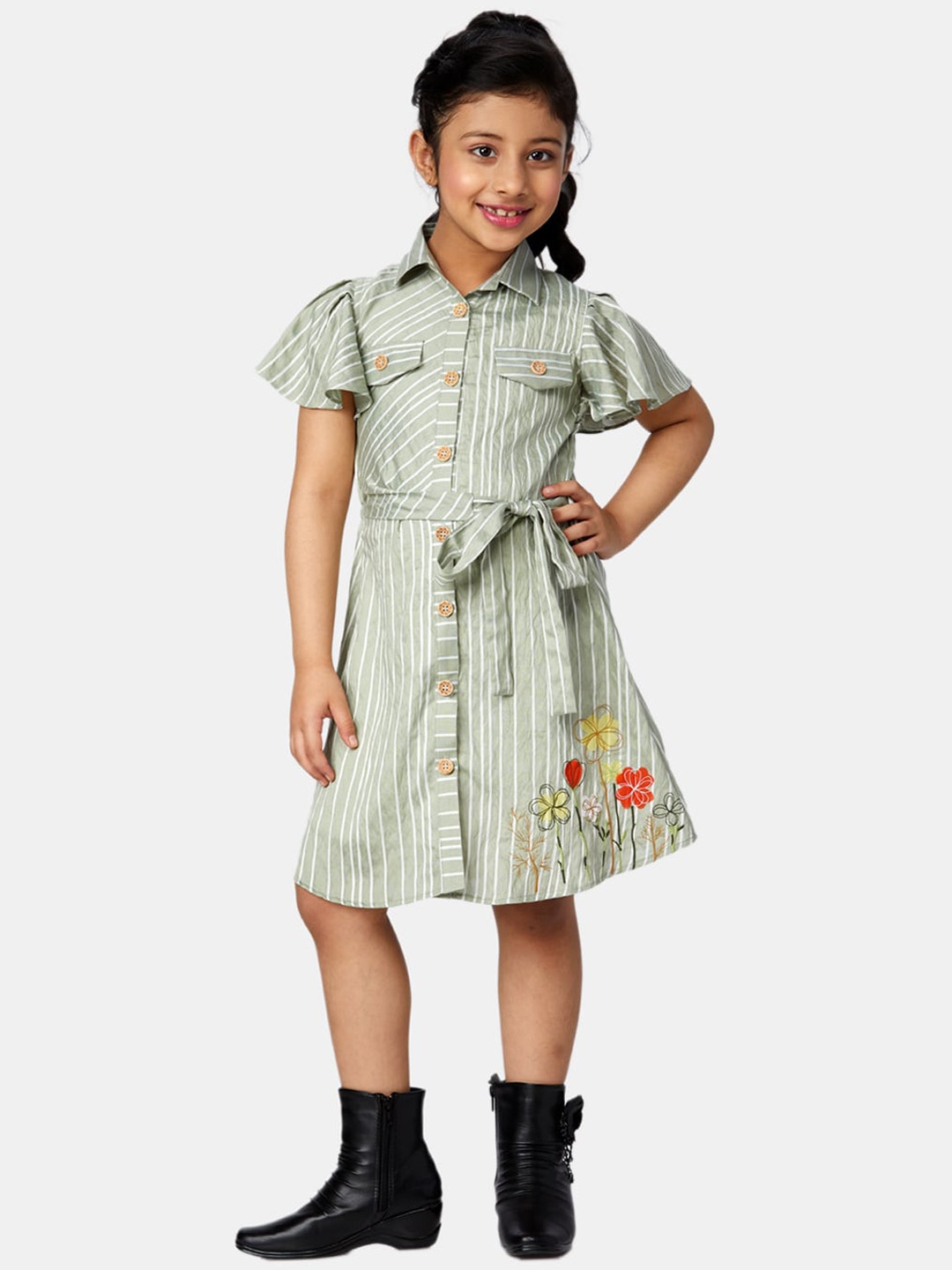 Peppermint Girls Olive Green & White Striped Pure Cotton Shirt Dress