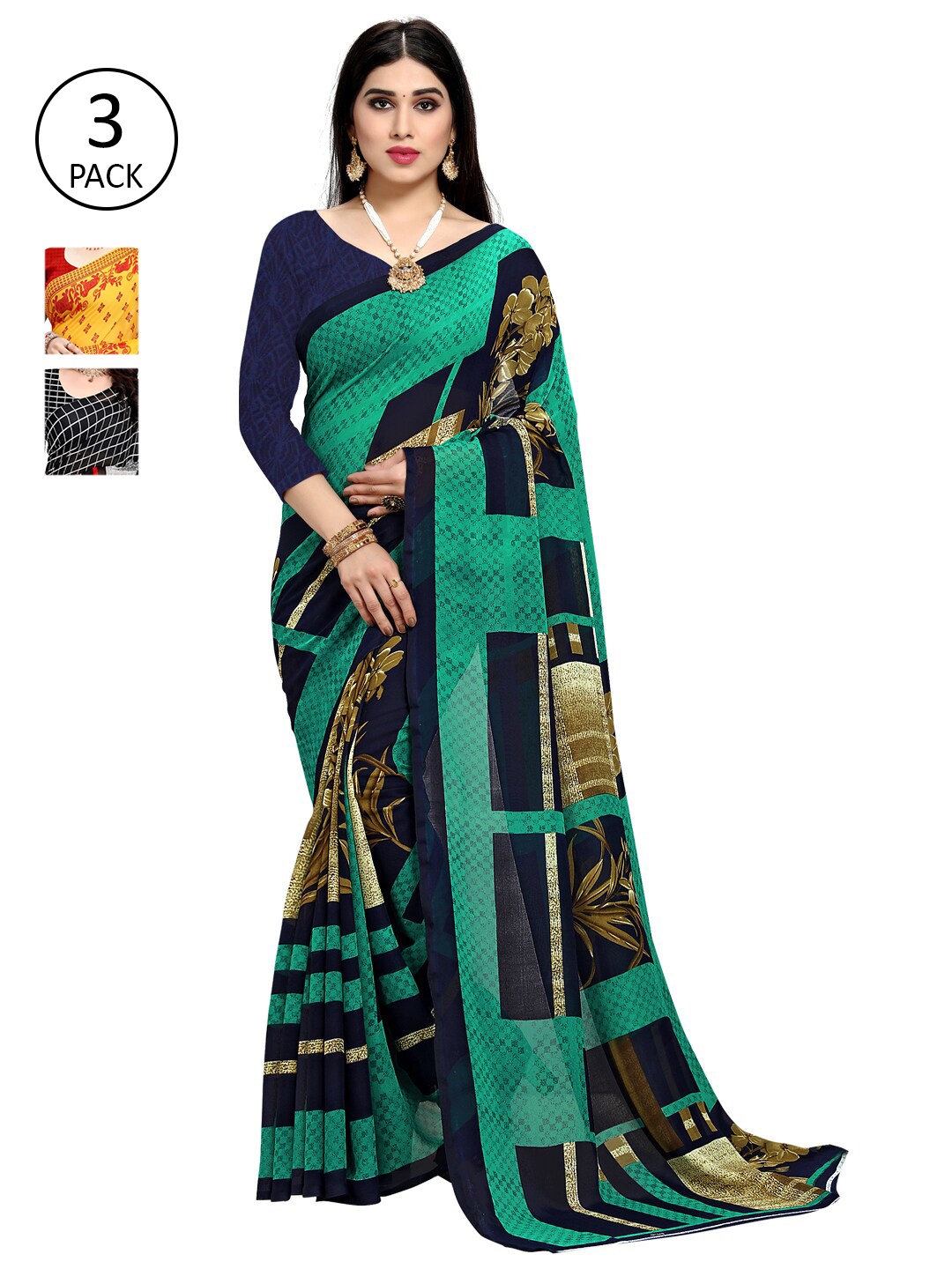 KALINI Pack Of 3 Poly Georgette Printed Sarees, Yellow