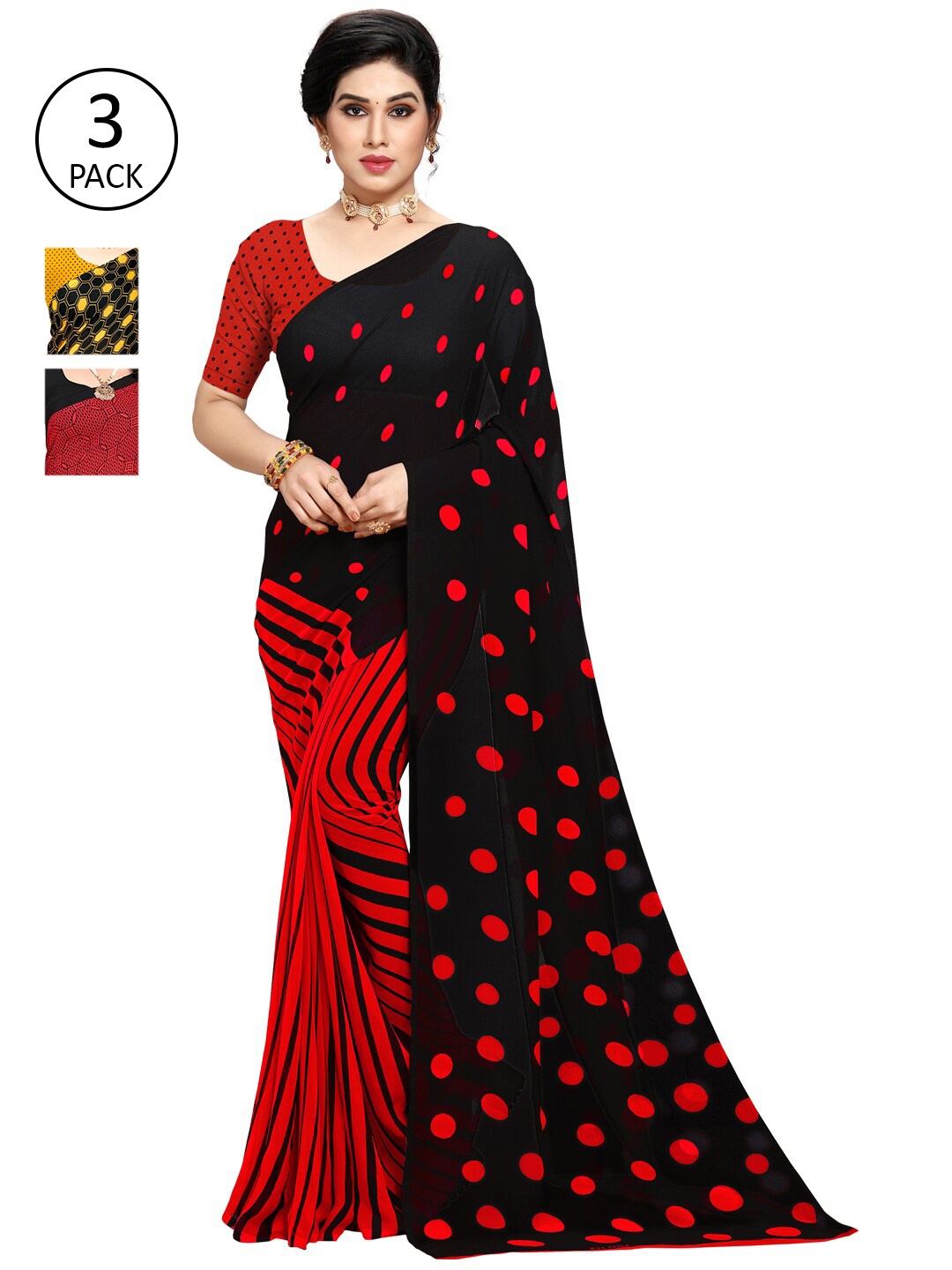 KALINI Red & Yellow Pack of 3 Saree