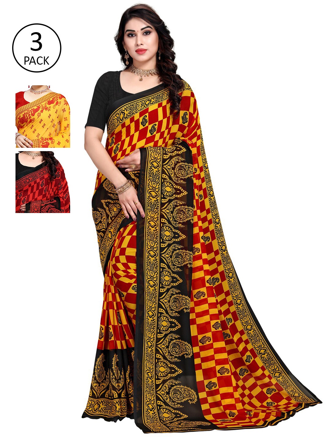 KALINI Pack Of 3 Yellow & Red Floral Saree