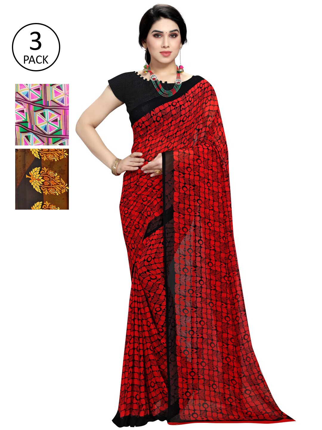 KALINI Women Pack of 3 Poly Georgette Sarees, Red