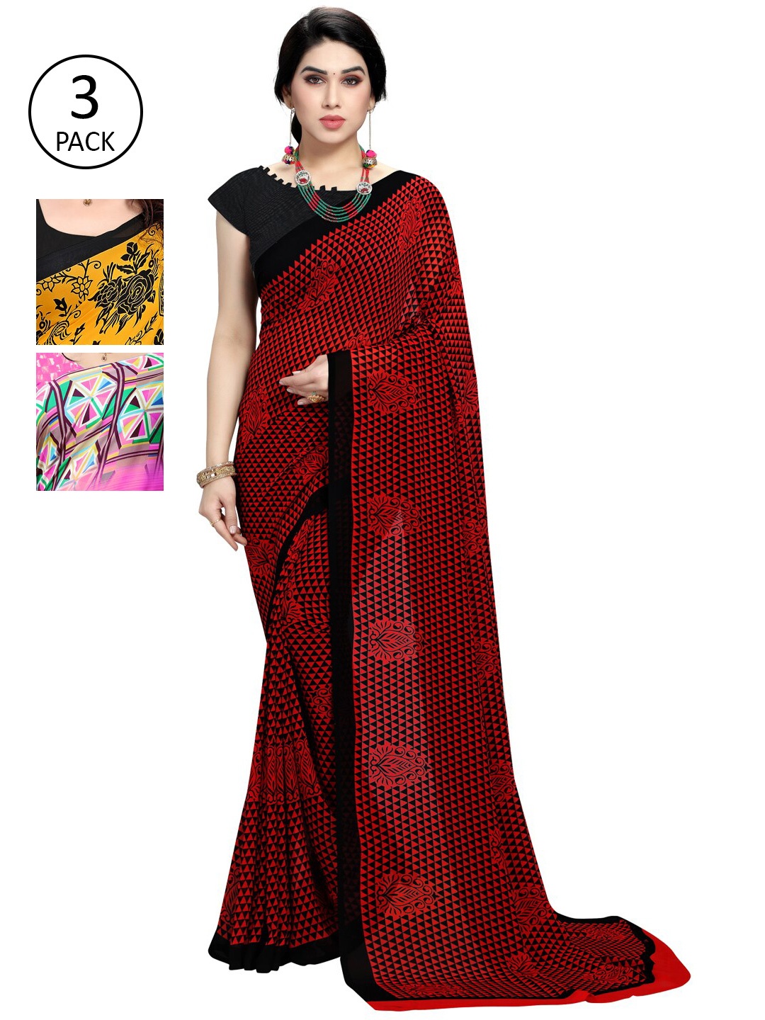 KALINI Pack Of 3 Ethnic Motifs Sarees, Pink