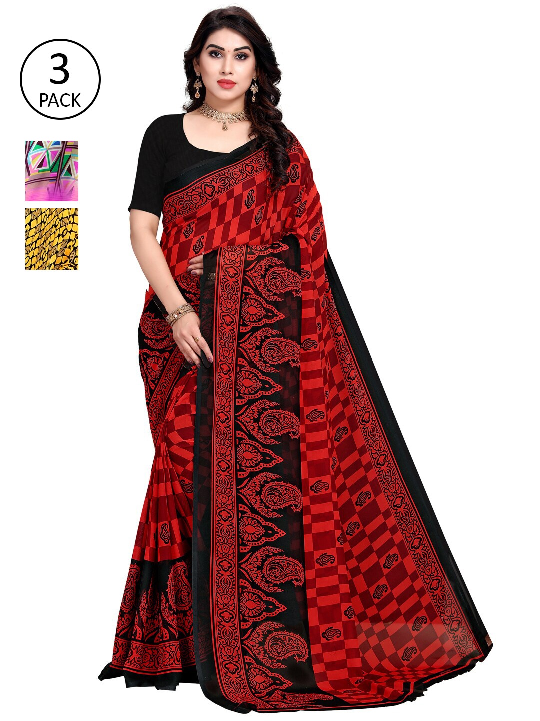 KALINI Pack of 3 Printed Poly Georgette Saree, Multi