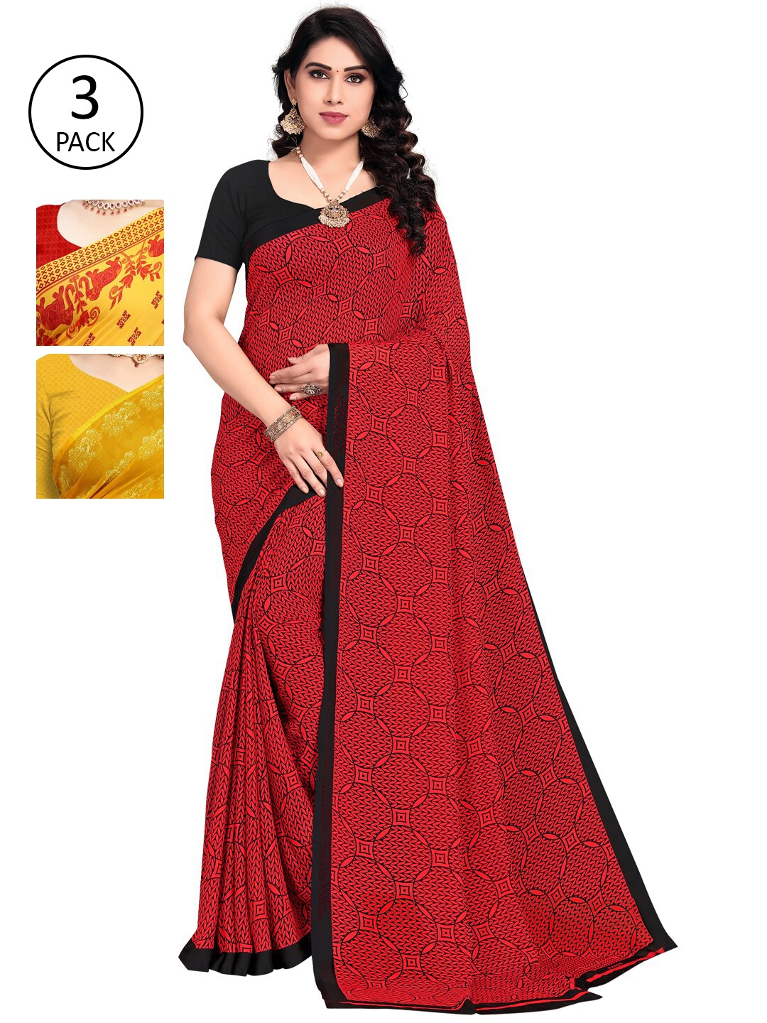 KALINI Pack of 3 Poly Georgette Sarees, Yellow
