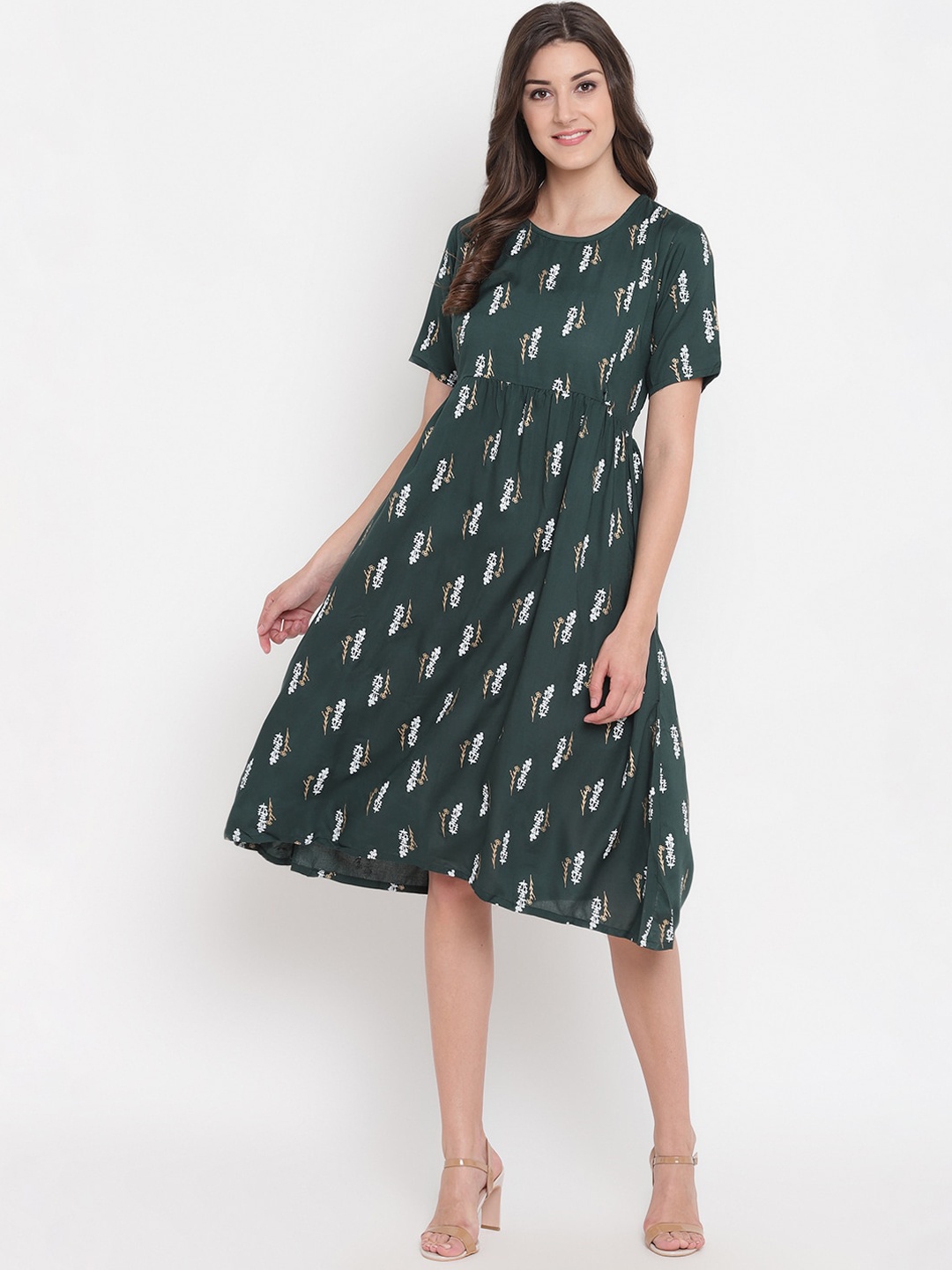 Aawari Women Green & Beige Printed A-Line Dress