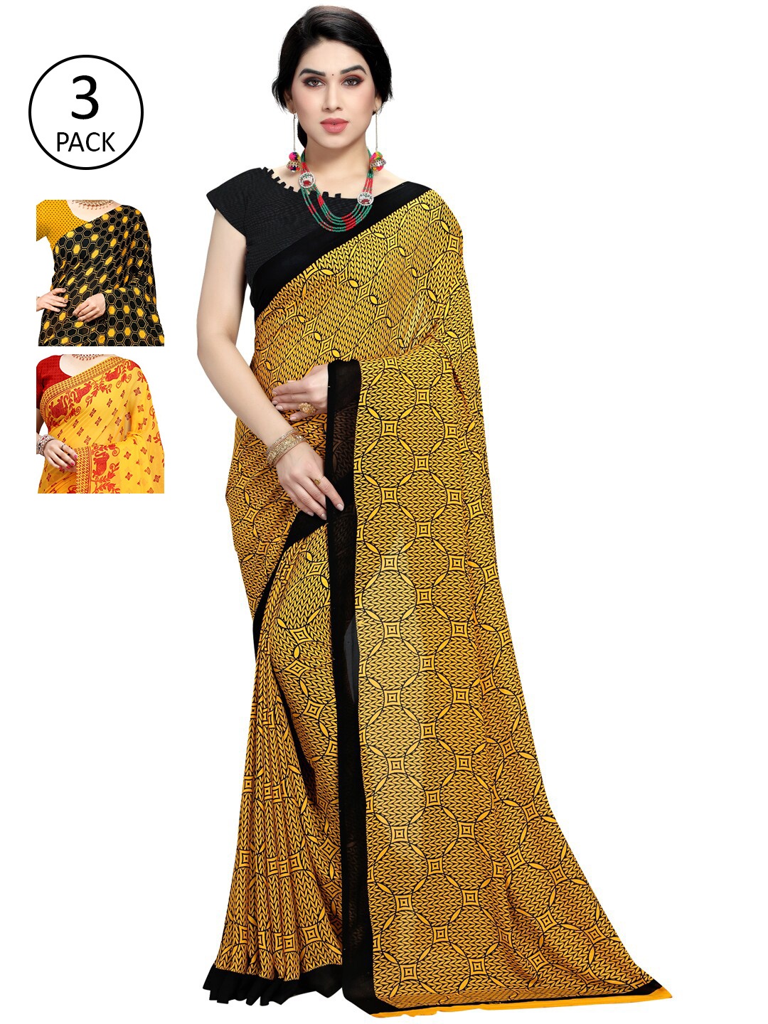 KALINI Pack of 3 Printed Poly Georgette Saree, Multi