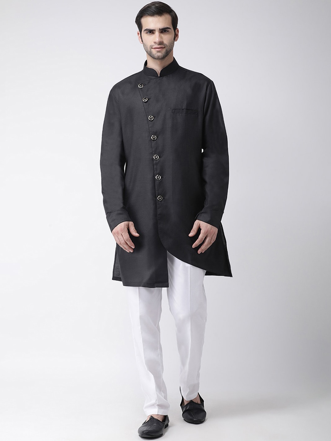 SG LEMAN Men Black Angrakha Kurta with Pyjamas