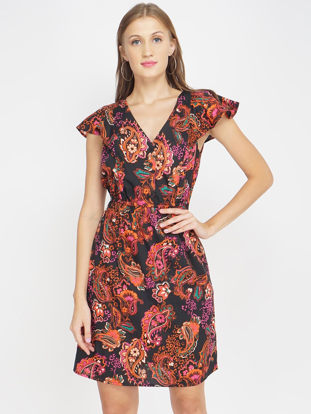 Oxolloxo Black & Orange Paisley Print Satin A-Line Dress