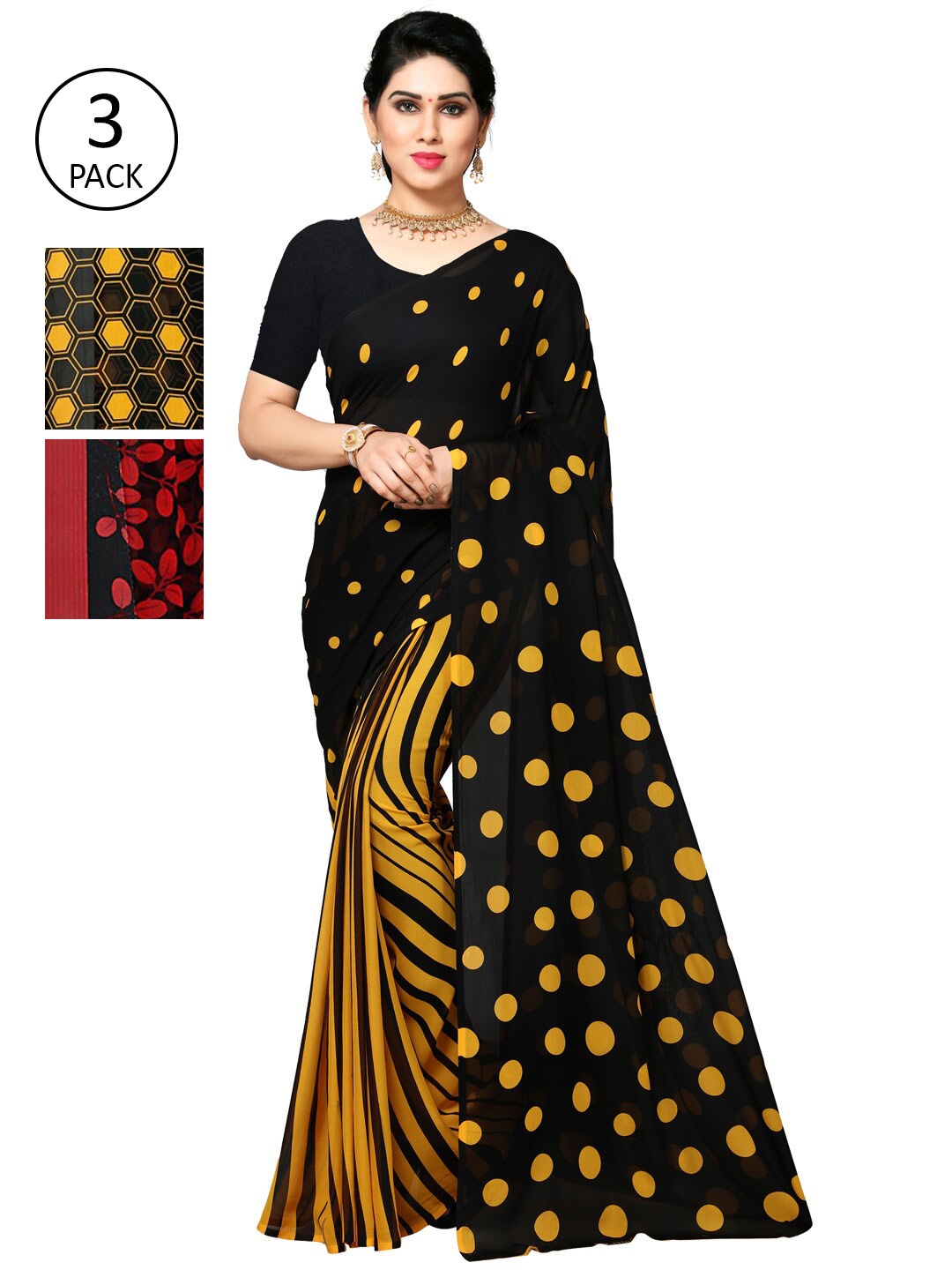 KALINI Pack of 3 Poly Georgette Saree, Red