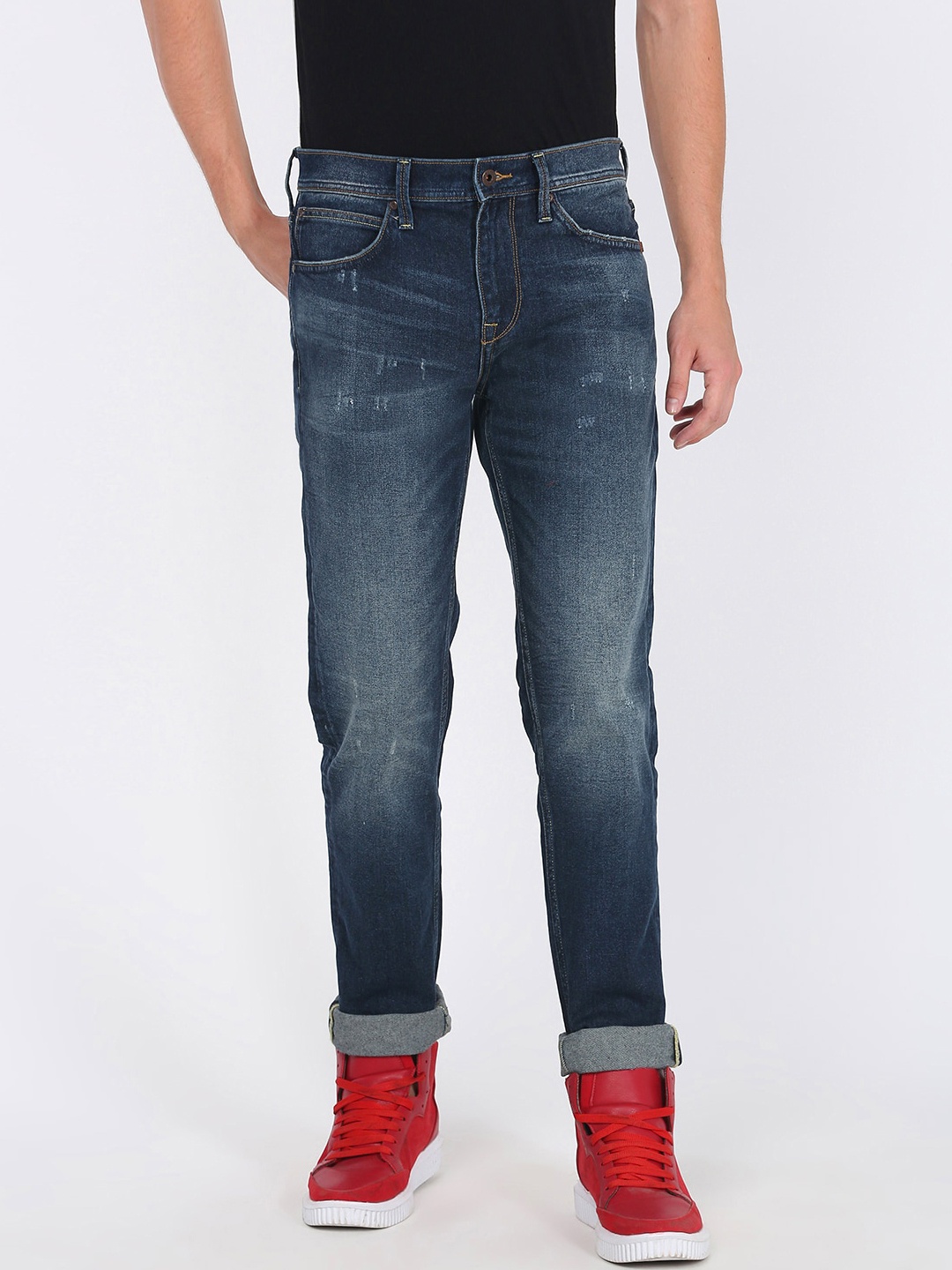 Lee Men Navy Blue Slim Fit Low Distress Heavy Fade Jeans