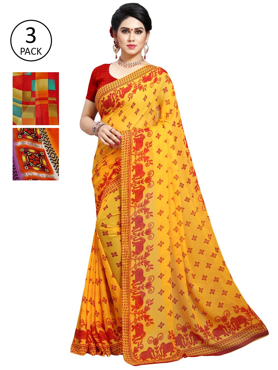 KALINI Pack of 3 Poly Georgette Sarees, Yellow