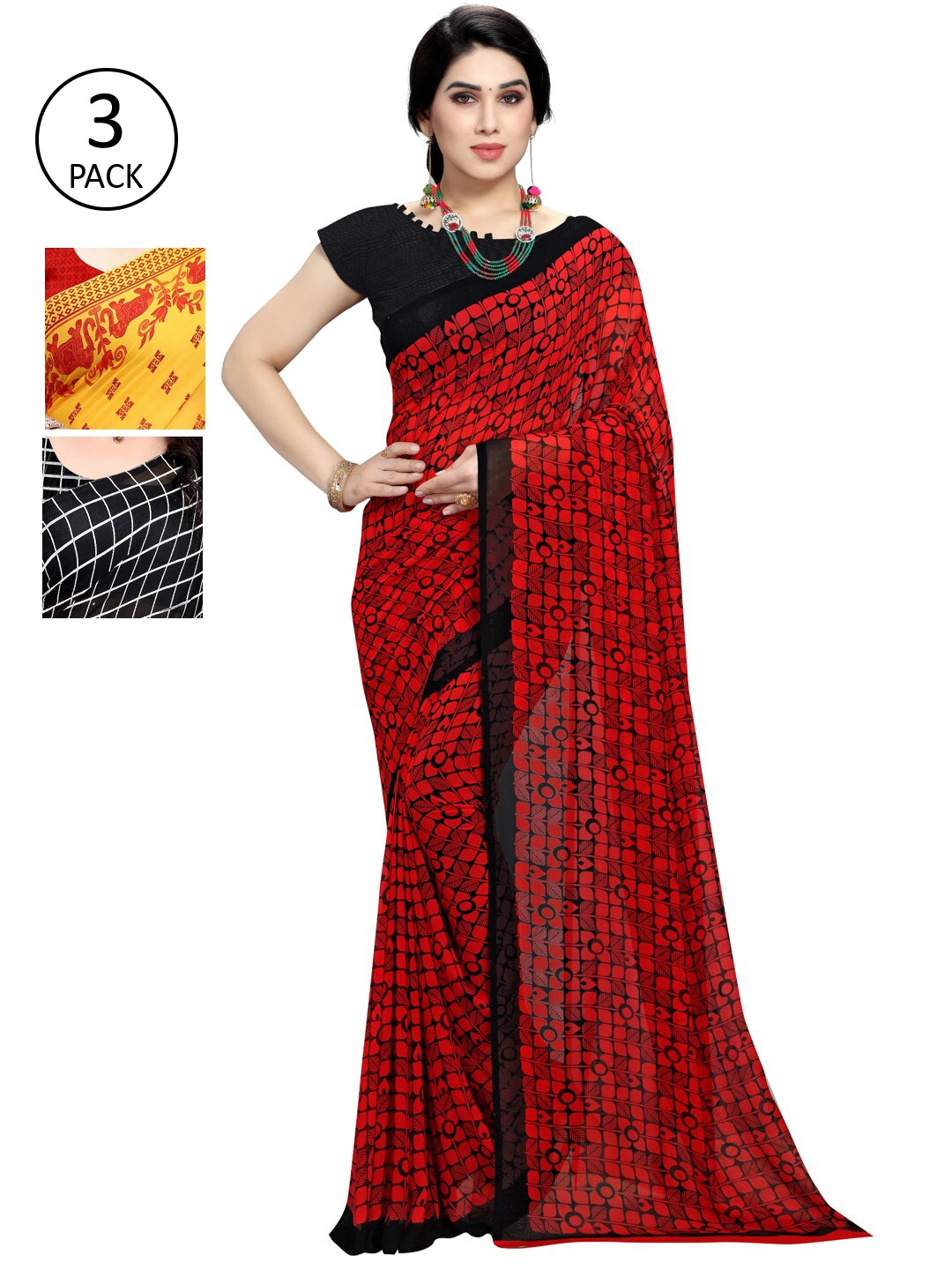 KALINI Women Pack of 3 Black & Red Ethnic Motifs Printed Saree