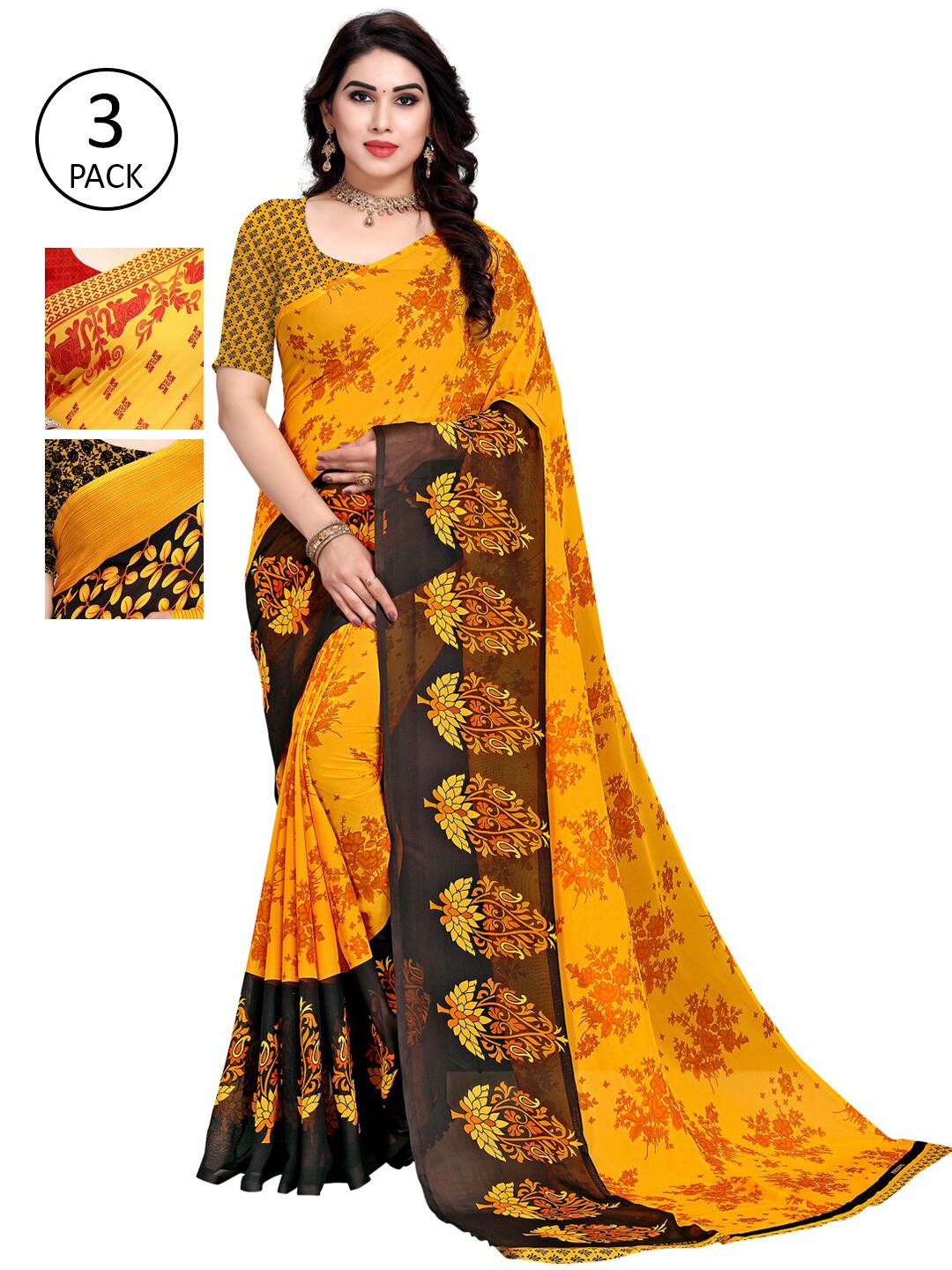 KALINI Pack Of 3 Printed Saree, Yellow
