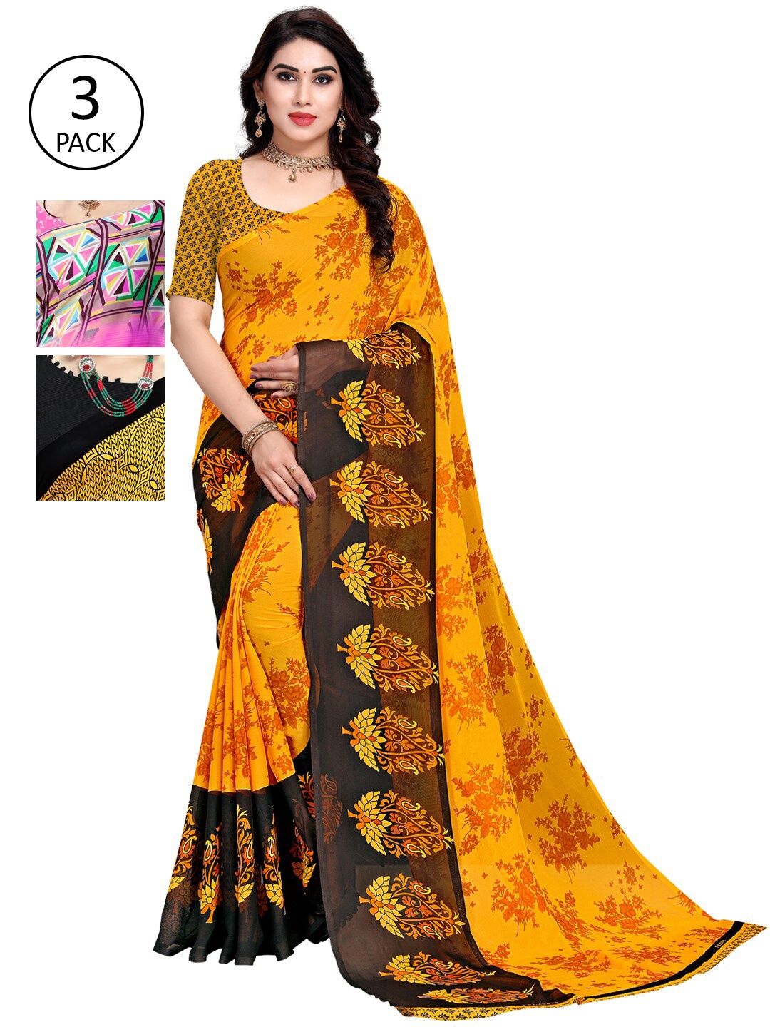 KALINI Pack Of 3 Floral Sarees, Pink