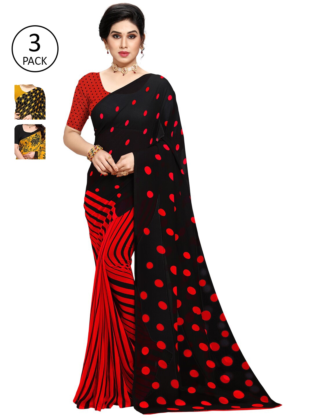KALINI Pack of 3 Printed Poly Georgette Saree, Multi
