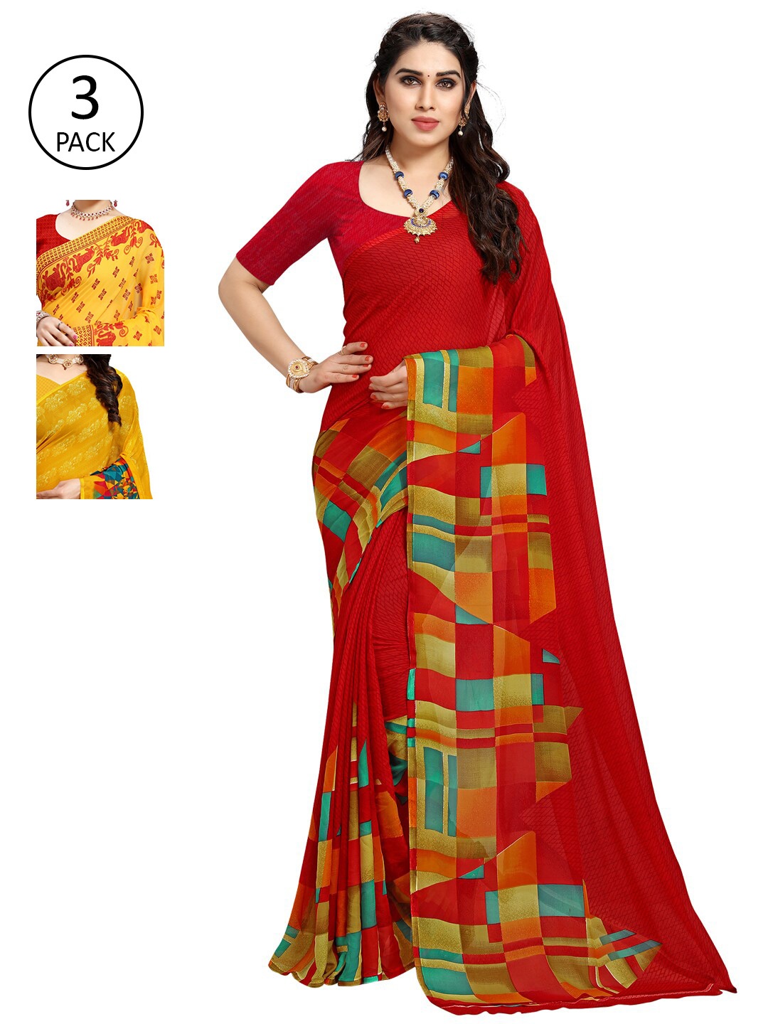 KALINI Pack Of 3 Yellow & Red Saree