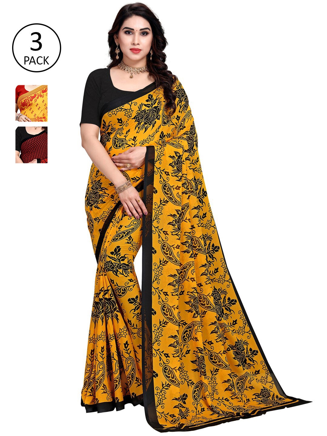KALINI Pack of 3 Poly Georgette Sarees, Yellow