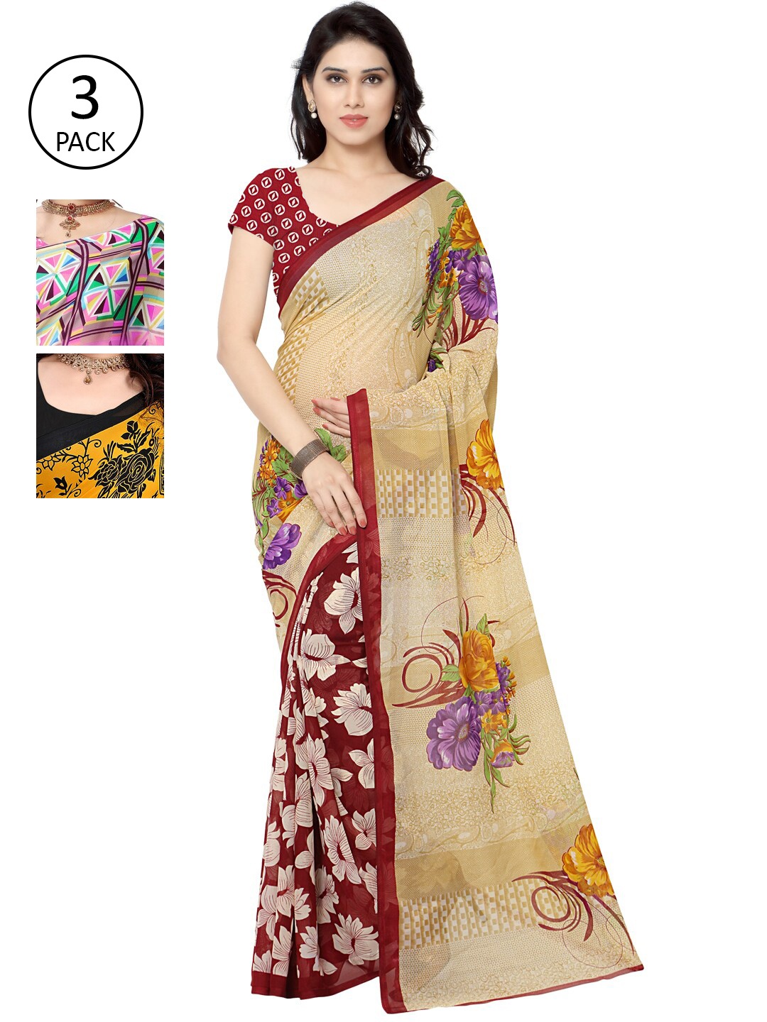 KALINI Pink & Yellow Floral Pack of 3 Saree