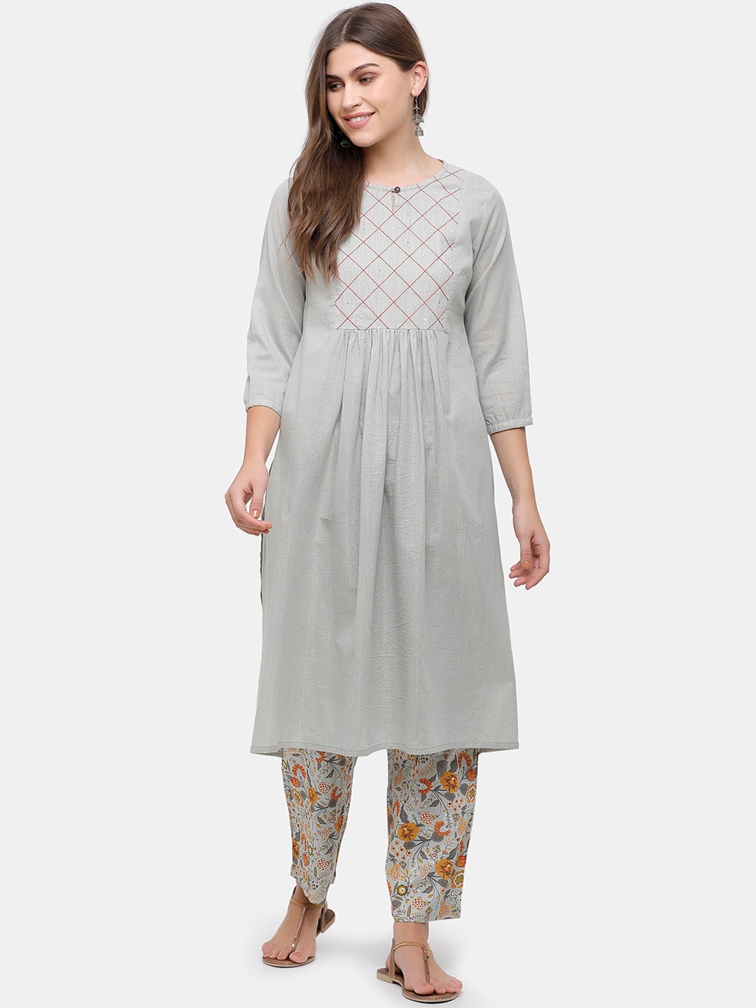 IMARA Women Grey Yoke Design Kurta with Palazzos